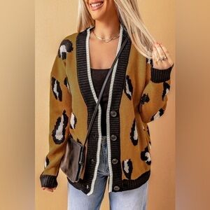 Leopard Print Oversized Button-Front Cardigan Sweater – Tan & Black Knit NWT